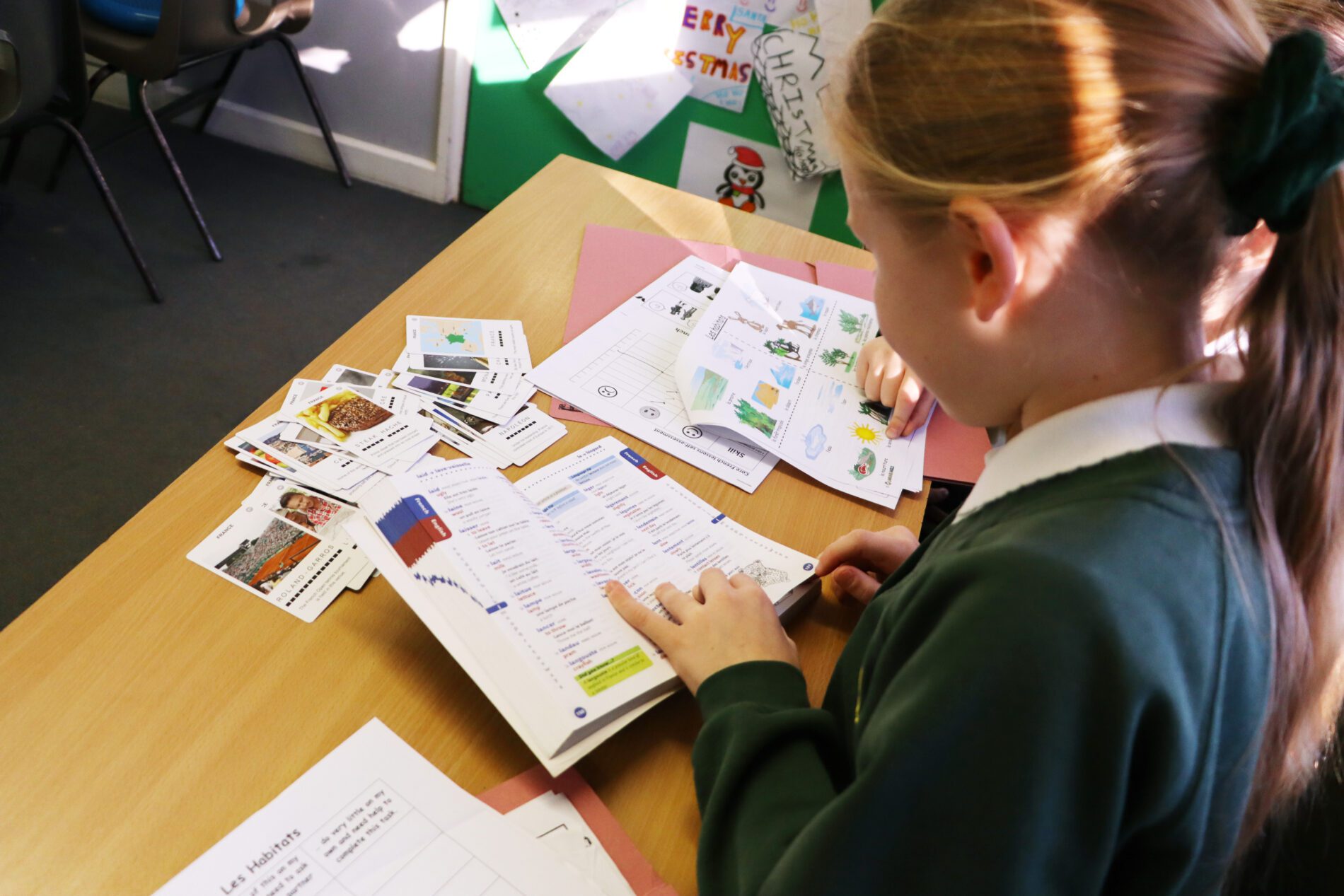 IMG_8442 pupils researching french words in the dictionary
